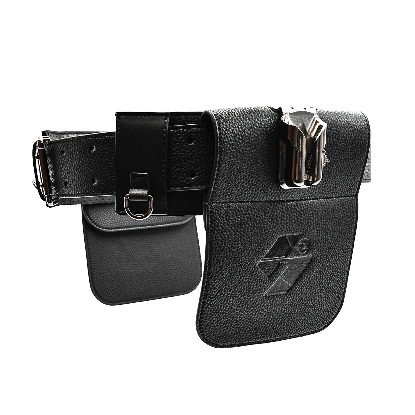 Black leather belt with attached pouches on a white background