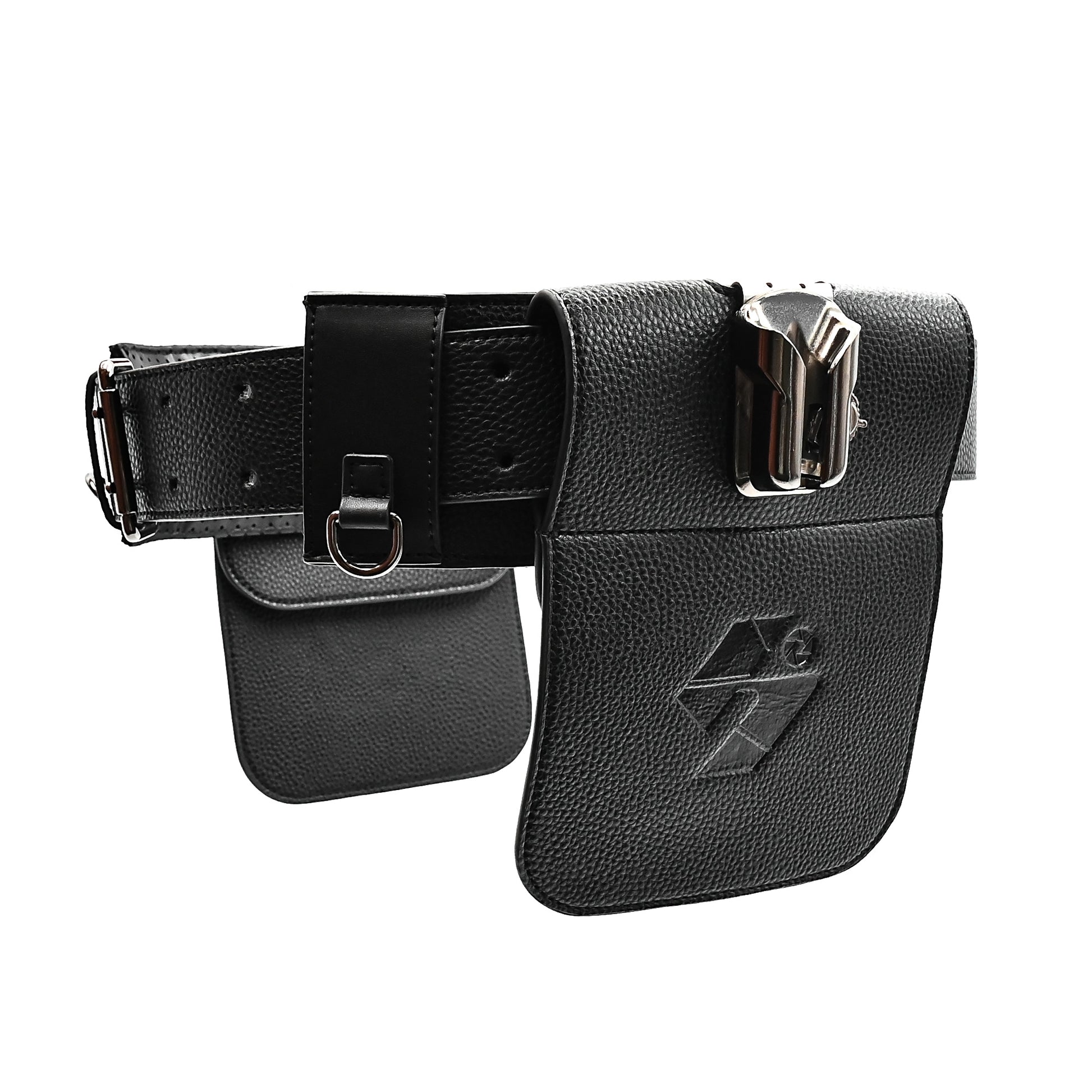 Black leather belt with attached pouches on a white background