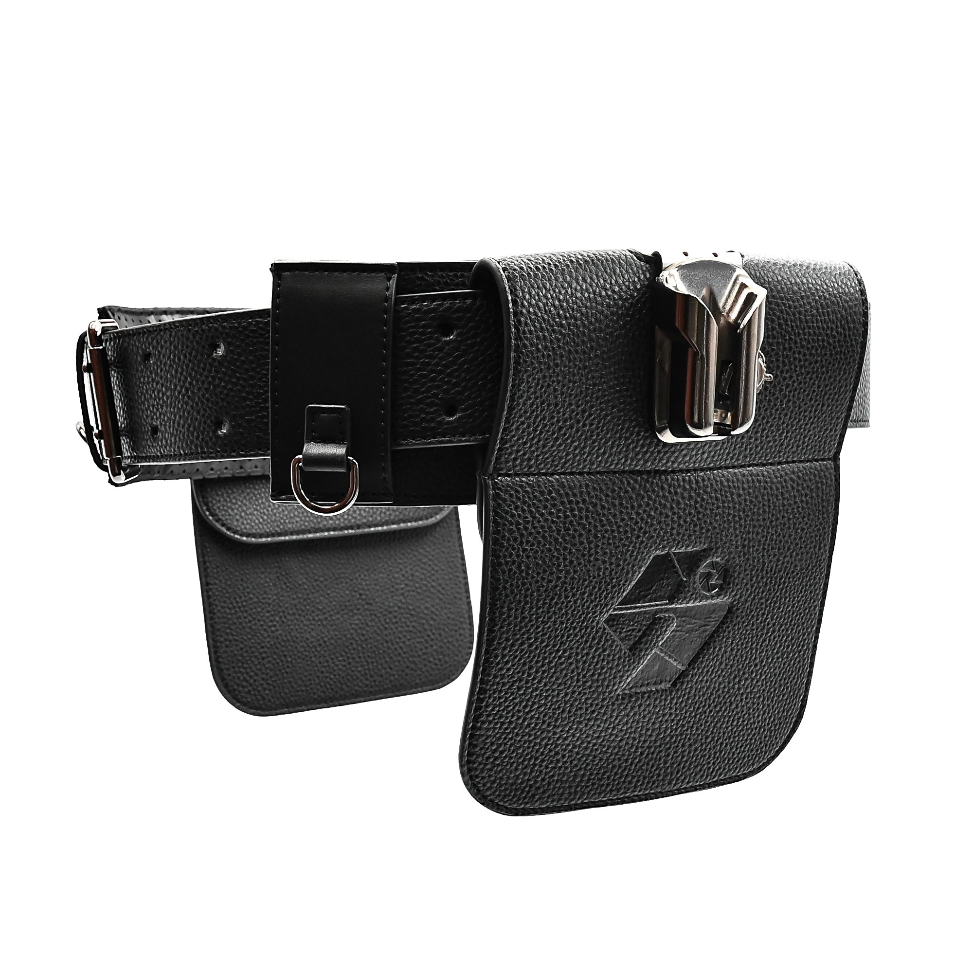 Black leather belt with attached pouches on a white background