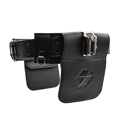 Black leather belt with attached pouches on a white background