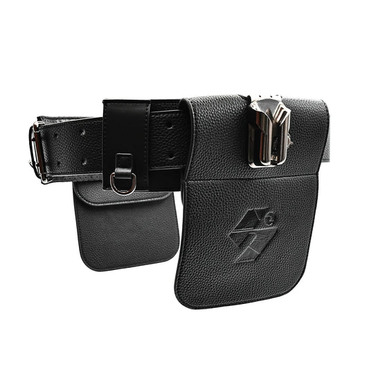 Black leather belt with attached pouches on a white background